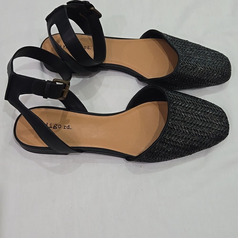 indigo rd. Black Rafia Ankle Strap Flats 8.5 - Picture 2 of 5